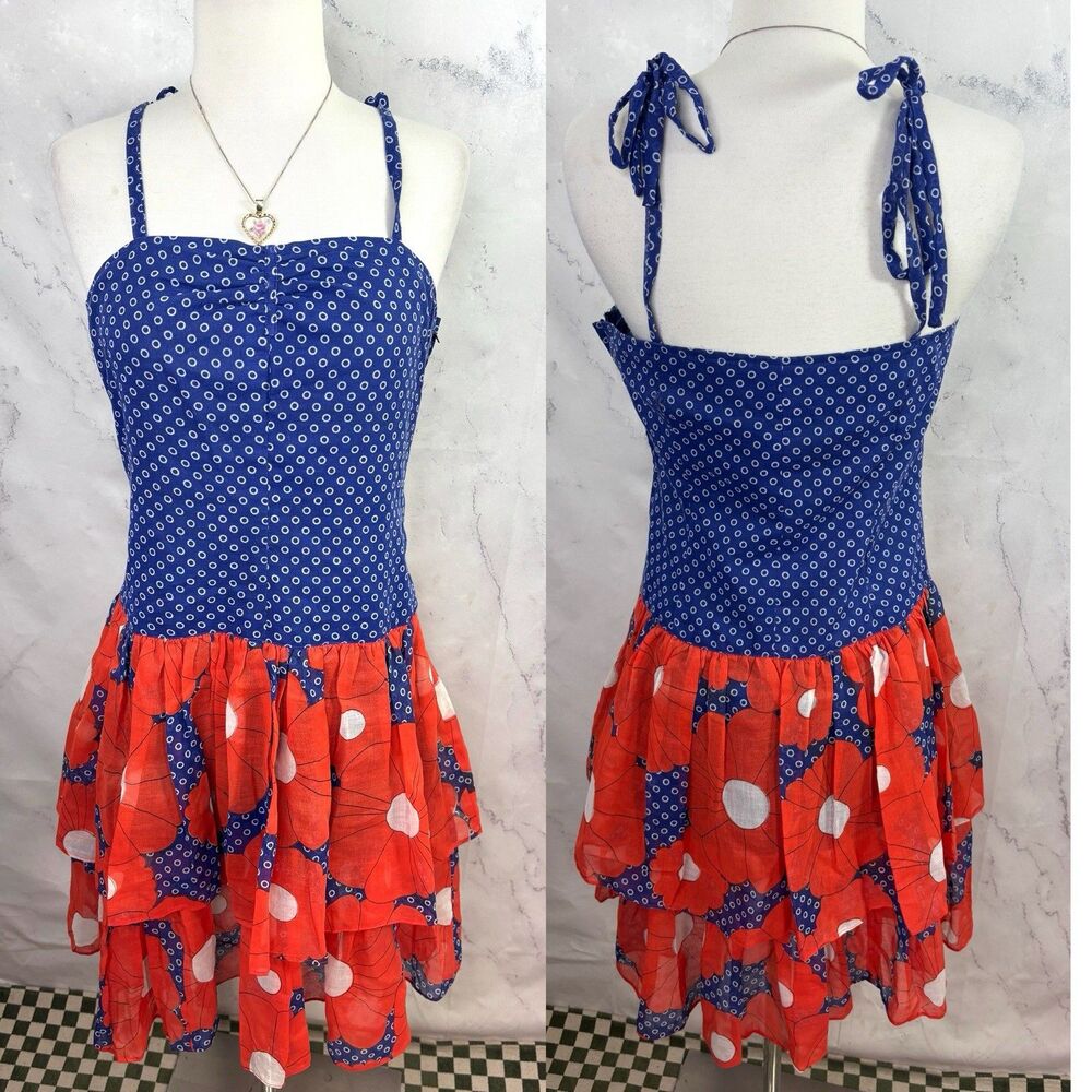 Vtg 60s Mod Mini Dress S Blue Red Floral Tiered Ruffle Tie Strap Rockabilly Boho